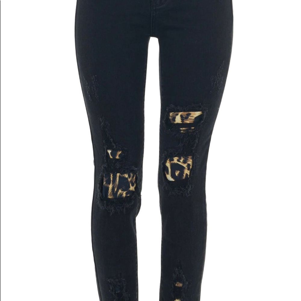 Judy Blue distressed black skinny jeans with leopard peek through patches